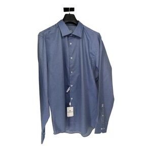 Bugatchi Uomo Navy Blue Dotted Long Sleeve‎ Men’s Dress Shirt Size 17.5 New